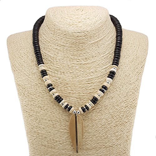 Wood Surfboard Pendant on Coconut Wood Beaded Necklace (Black ...